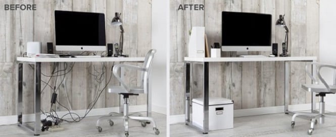 A before-and-after comparison of a home office desk organised with Command Cord Clips and Organisers

