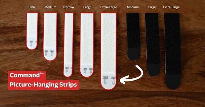Command™ Picture Hanging Strips product range: Small, Medium, Large, X-Large, Narrow; white and black options shown side by side
