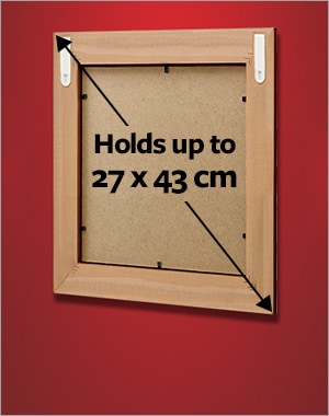 A frame holding a maximum size of 27x43cm using 2 sets of medium or narrow picture hanging strips.
