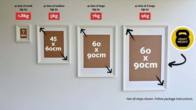 Visual guide: How to choose your Picture Hanging Strips depends on your frame size and weight
