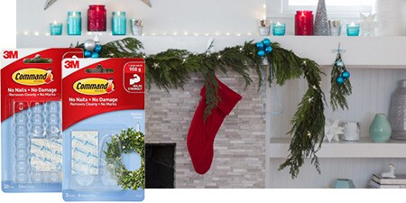 Garlands, stockings, and other Christmas wall hanging ornaments hung on the mantel with Command™ Clear Hooks and Decorating Clips.
