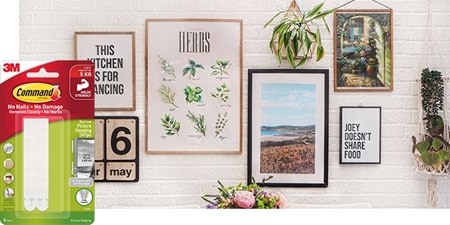 A beautiful wall decorated with narrow picture frames and plants using picture frame hangers from Command
