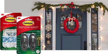 Frame your door with string lights and hang wreaths and garlands using weather-resistant Command™ Outdoor Hooks and Outdoor Light Clips.
