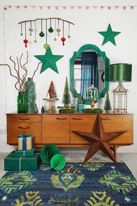 wall hanging ornaments like Christmas stars and balls
