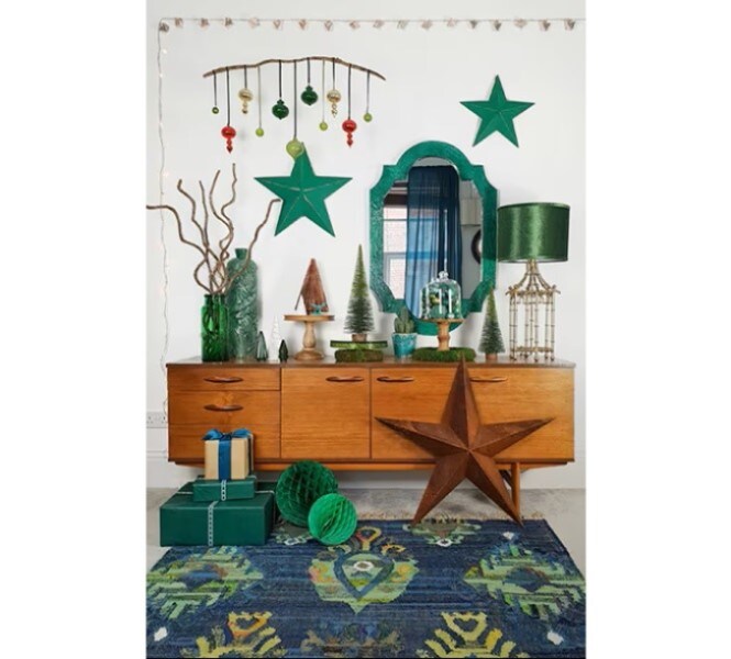 wall hanging ornaments like Christmas stars and balls