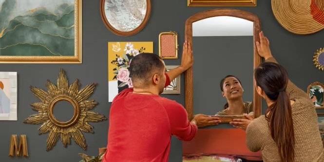 Hanging mirrors using heavyweight Command™ picture hangers.
