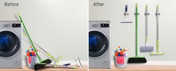 Cleaning supplies are well-organised on the wall with Command broom grippers
