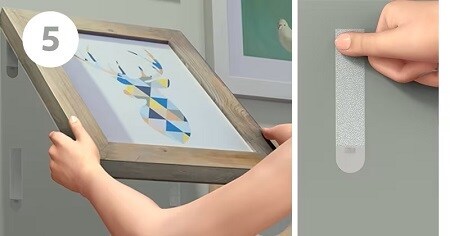 Step 5 of using 3M hanging strips - remove frame from wall, peel frame, press strip for 30 seconds
