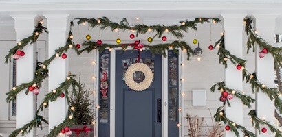 Outdoor Christmas light and decorations using Command outdoor hooks and light clips.

