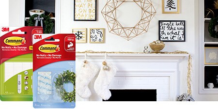 Hang framed Christmas-themed photos or prints using no-drill Command™ Picture Hanging Strips to add style to your Christmas décor.
