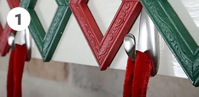 Closeup of Christmas stocking hung on a Command™ Metal Hook
